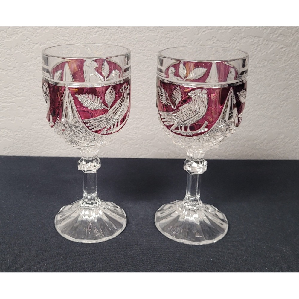 Hofbauer "Byrdes Collection" Ruby Red & Clear Cut Crystal Water Goblet Set of 2